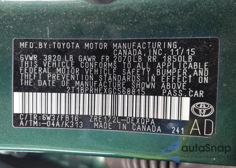 2016 Toyota Corolla Le Eco z USA, uszkodzony, nr VIN 2T1BPRHEXGC568815